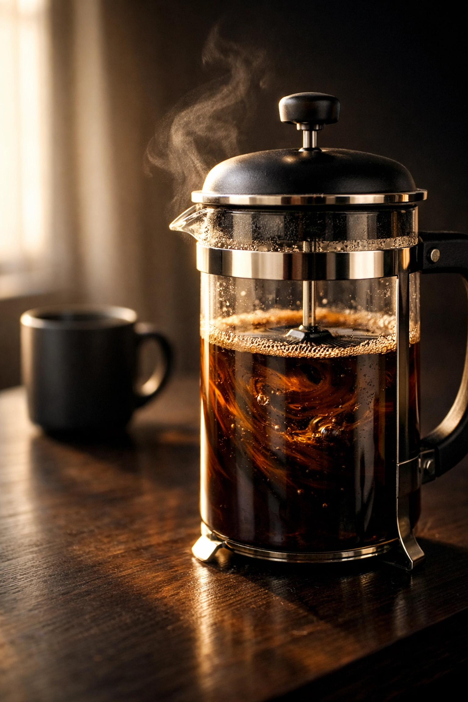 Freshly brewed cafe-quality coffee in a glass French Press for an easy home brewing experience.