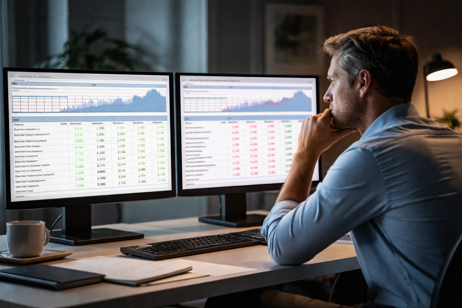 Stressed real estate investor calculating property holding costs and interest rates