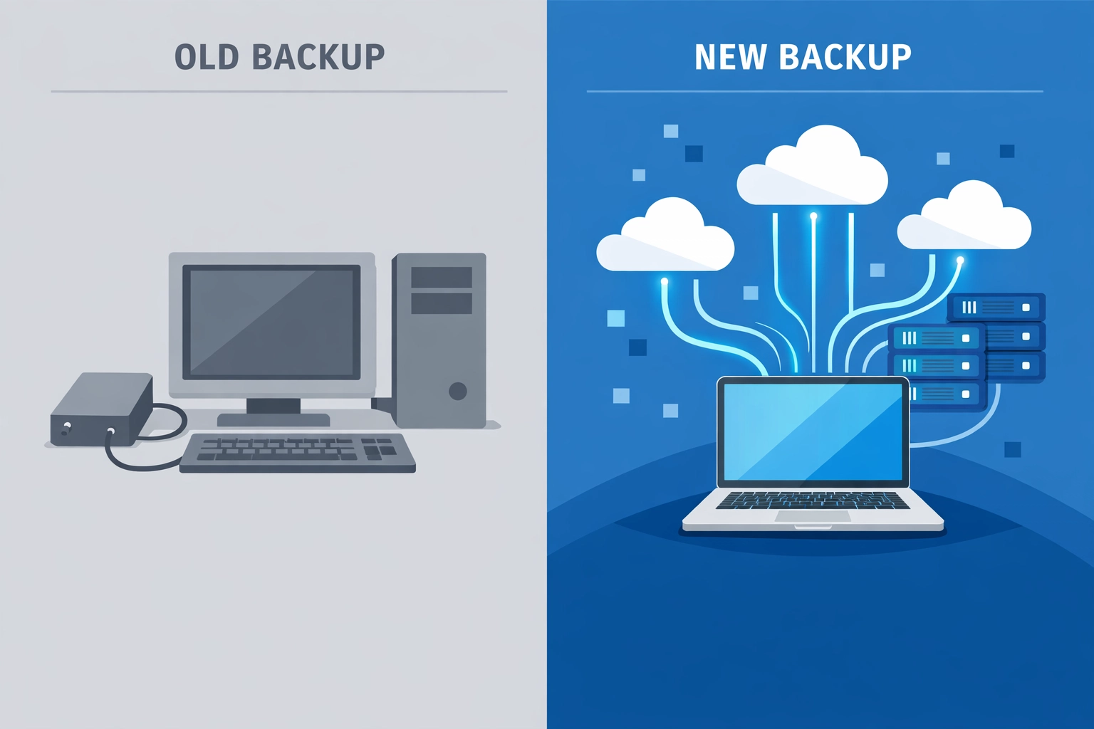 Comparison of outdated manual backup methods versus modern automated cloud backup solutions