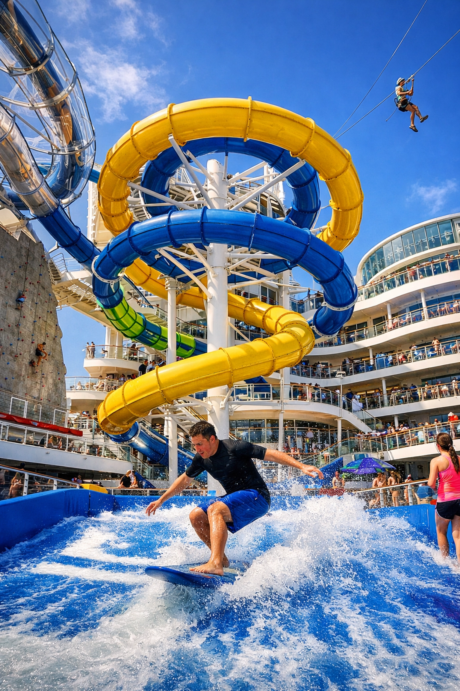 Royal Caribbean cruise ship water park with waterslides, surf simulator, and adventure activities