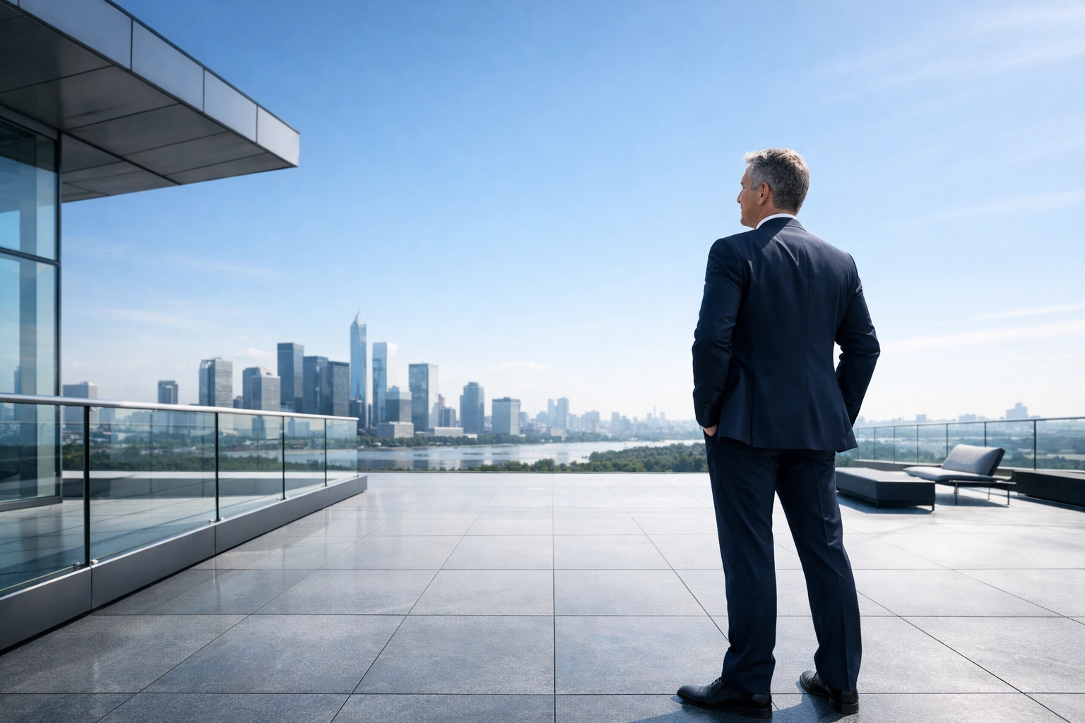 A visionary executive looking toward a city horizon, symbolizing the high ROI of personalized executive education.