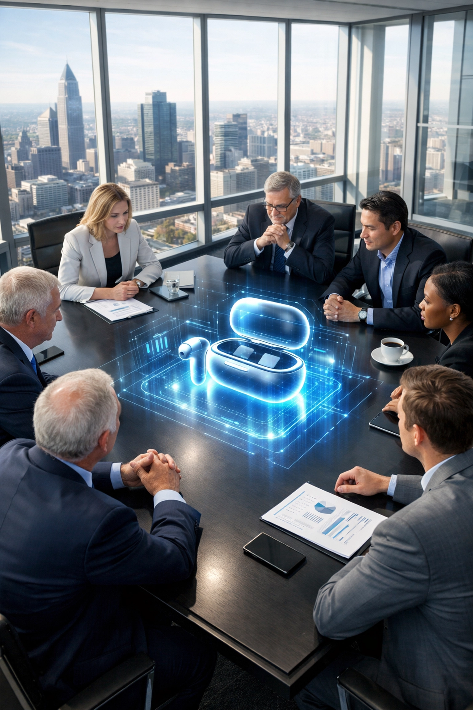Corporate executives in a boardroom discussing a clear product vision for effective sports marketing.