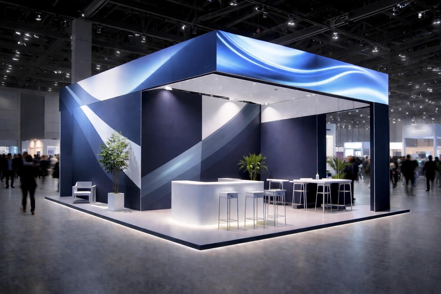 Premium BeMatrix modular exhibition stand fully built at a trade show, featuring printed graphics, LED screens, stylish furniture, and engaging visitors.