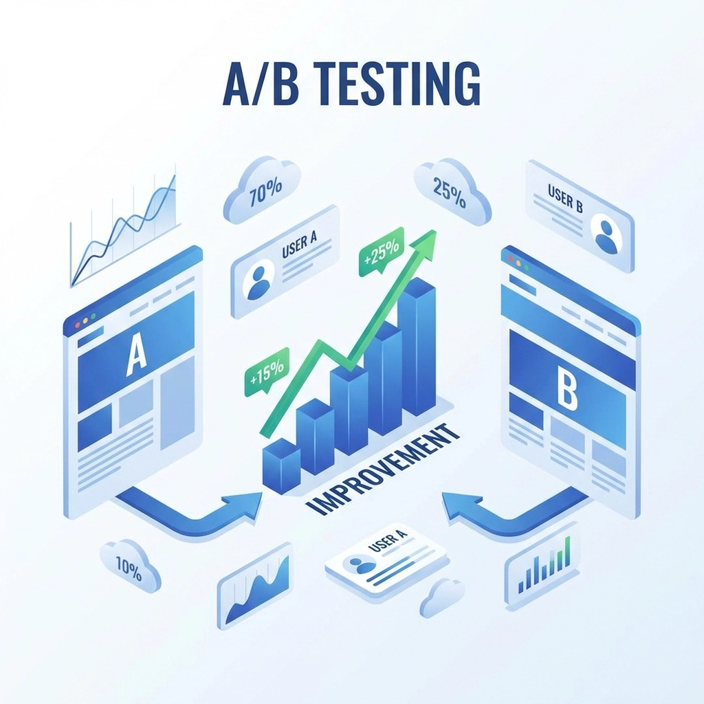 A/B testing visualization showing two landing page designs and an upward-moving results chart