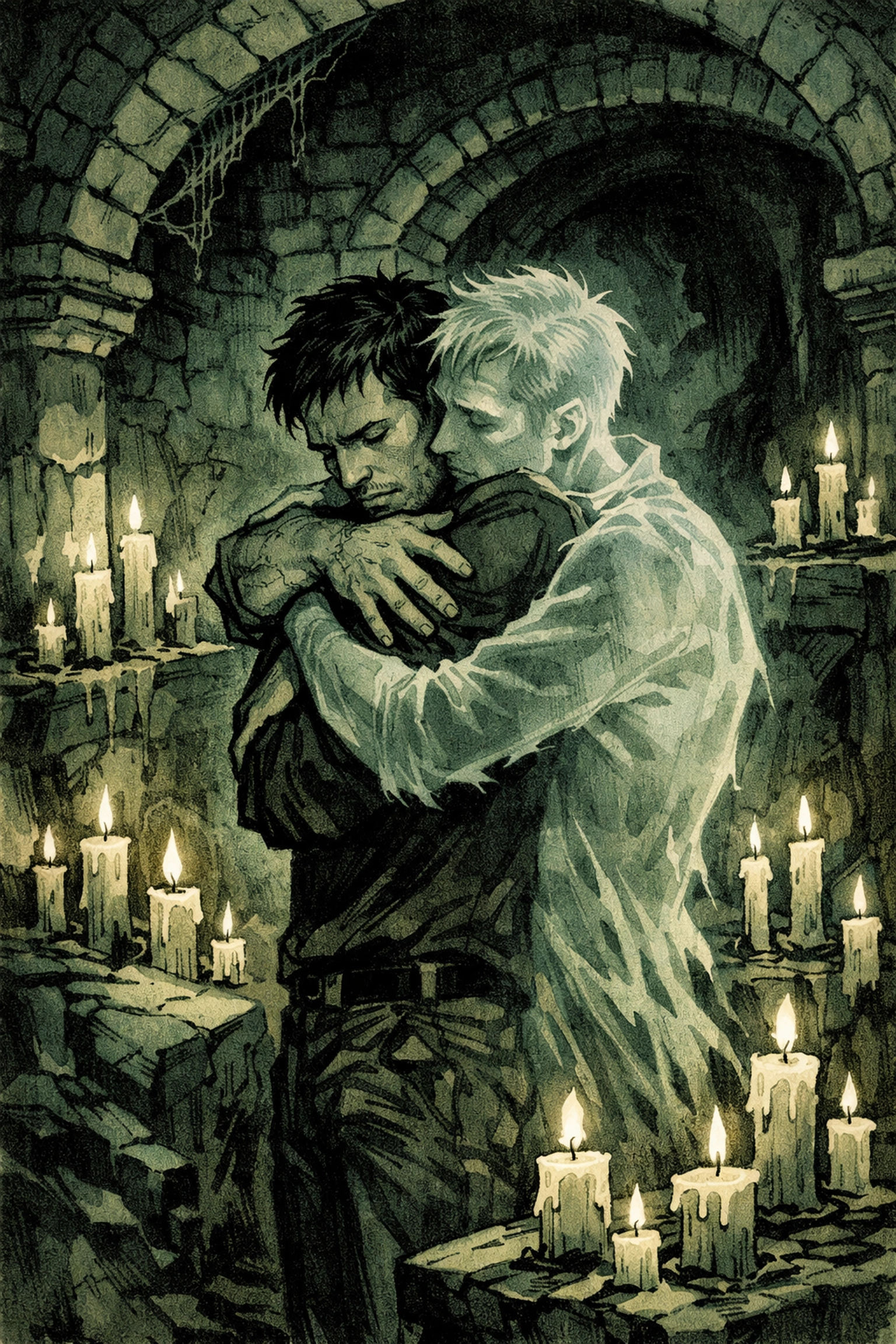 Lovers embrace in candlelit cellar - MM supernatural romance with emotional connection