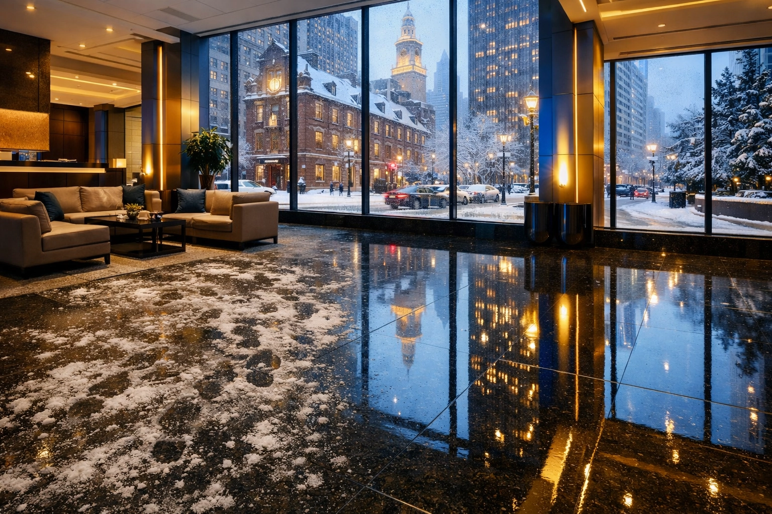 Polished granite floor in a Boston corporate lobby showing salt-neutralizing commercial cleaning results.