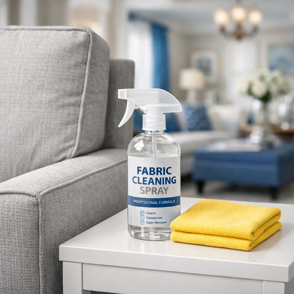Professional deep cleaning tools and solution used for fabric stain removal in a luxury home.