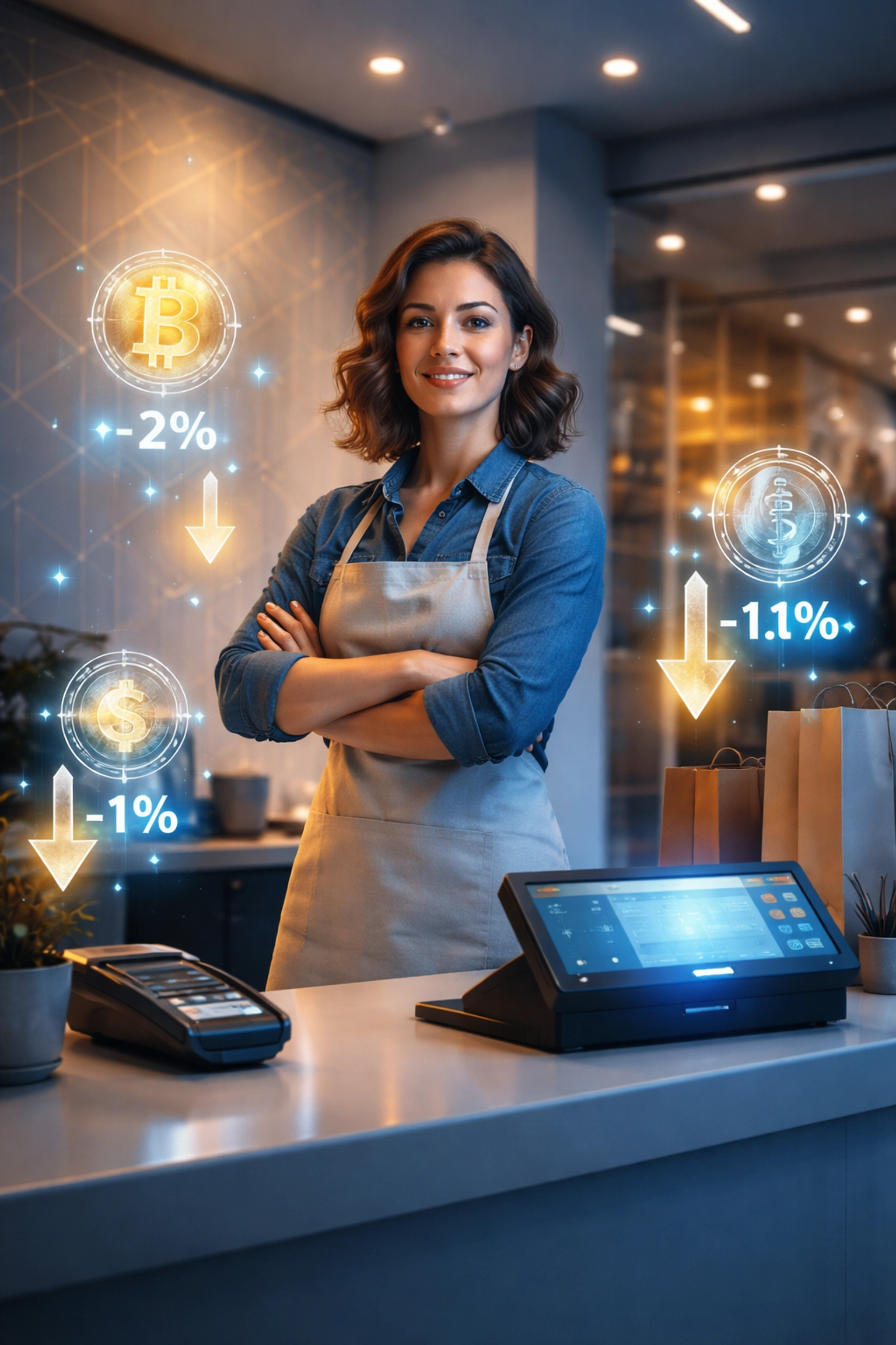 Small business owner using a crypto POS system with digital symbols showing lower payment fees in a modern store.
