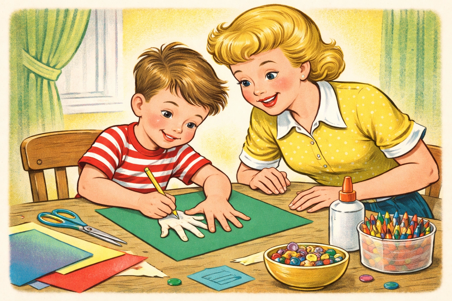 Tracing a child's hand on green construction paper for a kids' handprint wreath craft at home