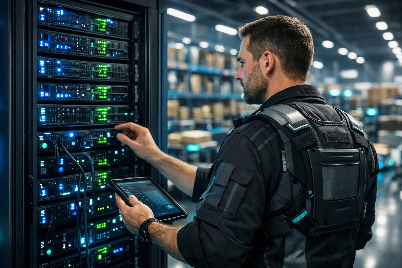 Professional technician inspecting high-value telecommunications server hardware in a modern logistics hub.