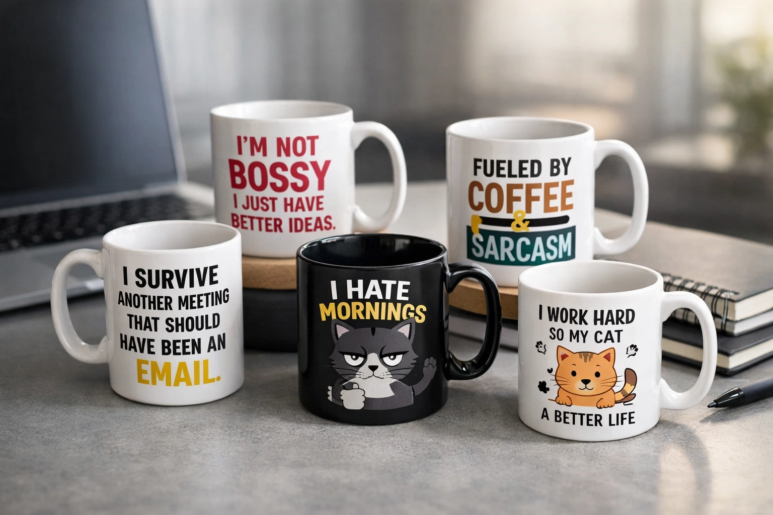 Funny mugs for work displayed on office desk showing novelty designs for men