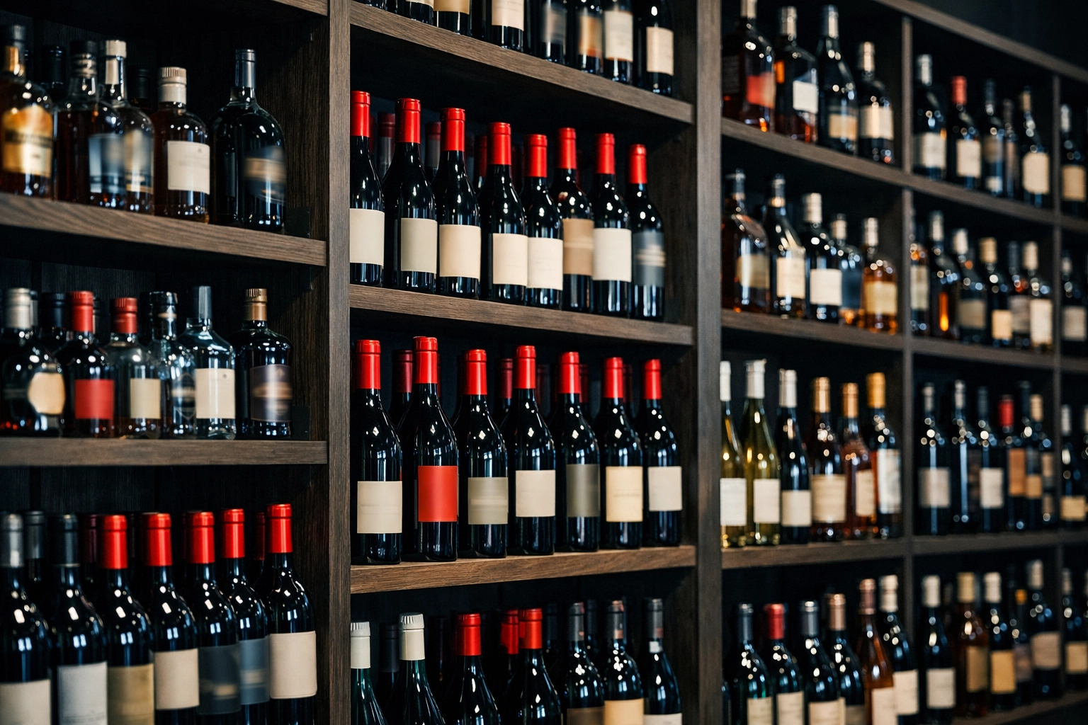 Organized retail shelving in a modern liquor store featuring a variety of wine and spirit bottles for consumers.