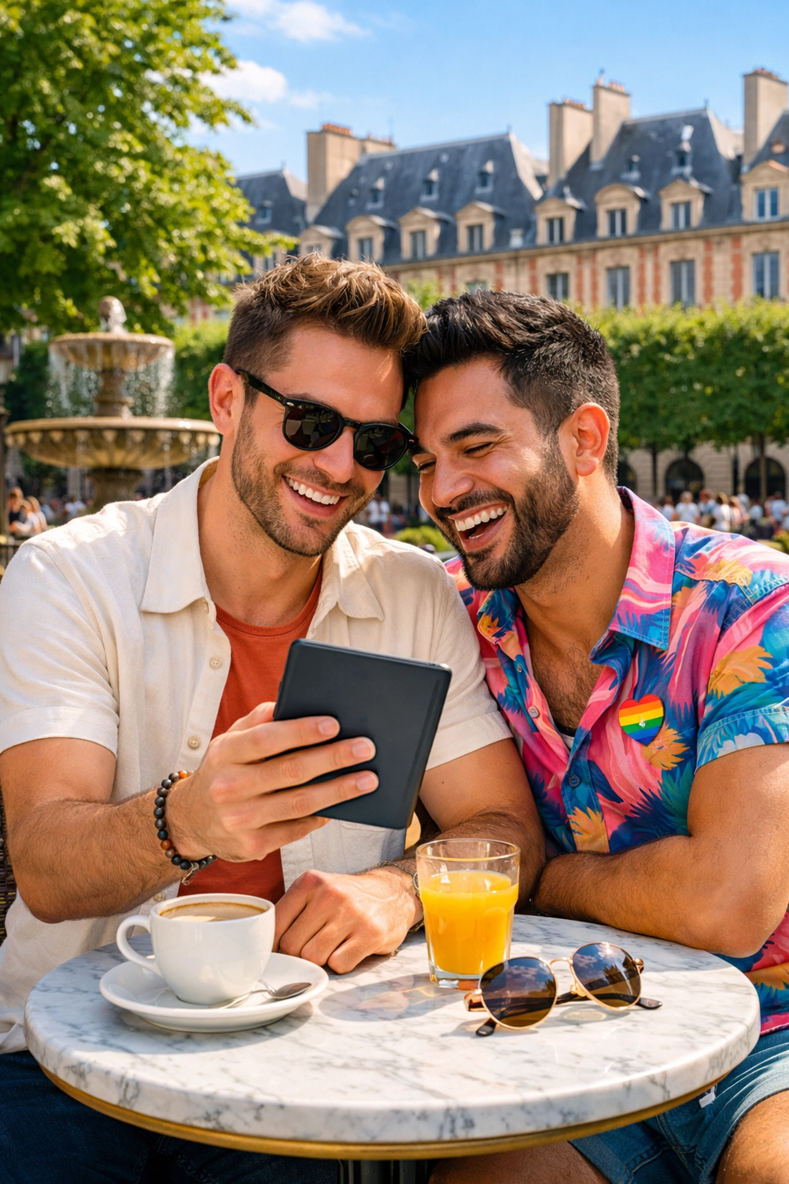 A gay couple enjoys an LGBTQ+ ebook at a sunny Paris cafe, celebrating modern MM romance in the Marais.