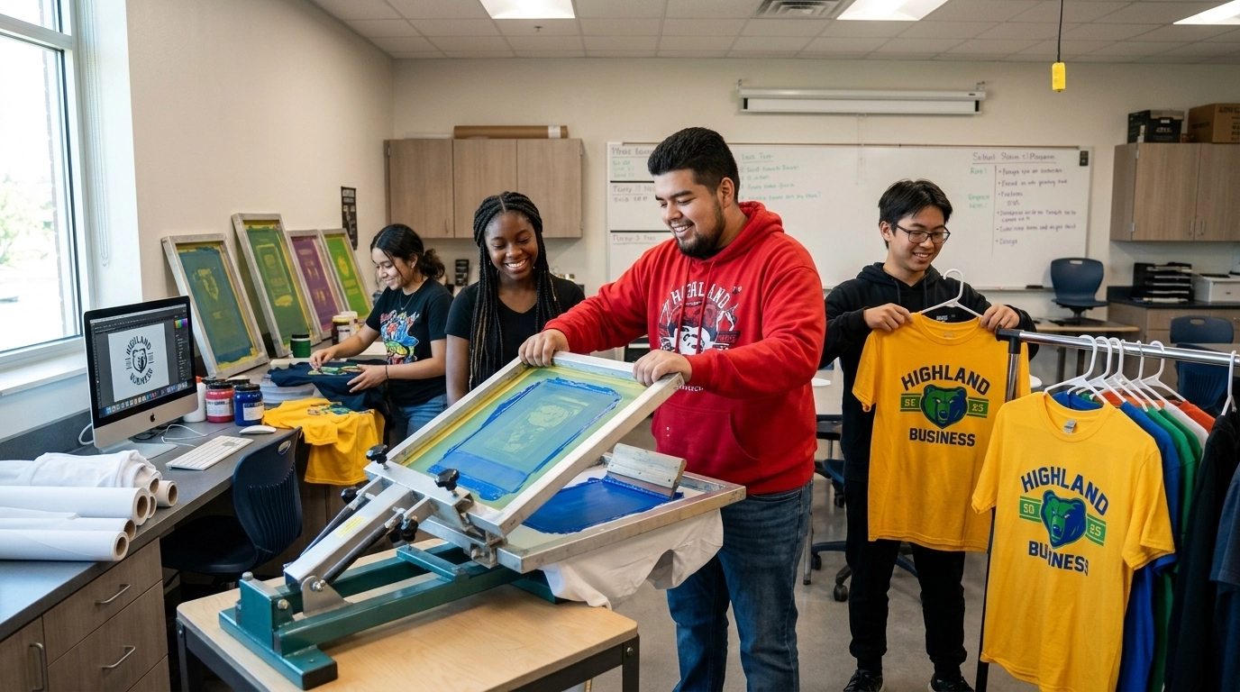 Students at San Juan Diego Catholic High School working on their South First Uniforms business