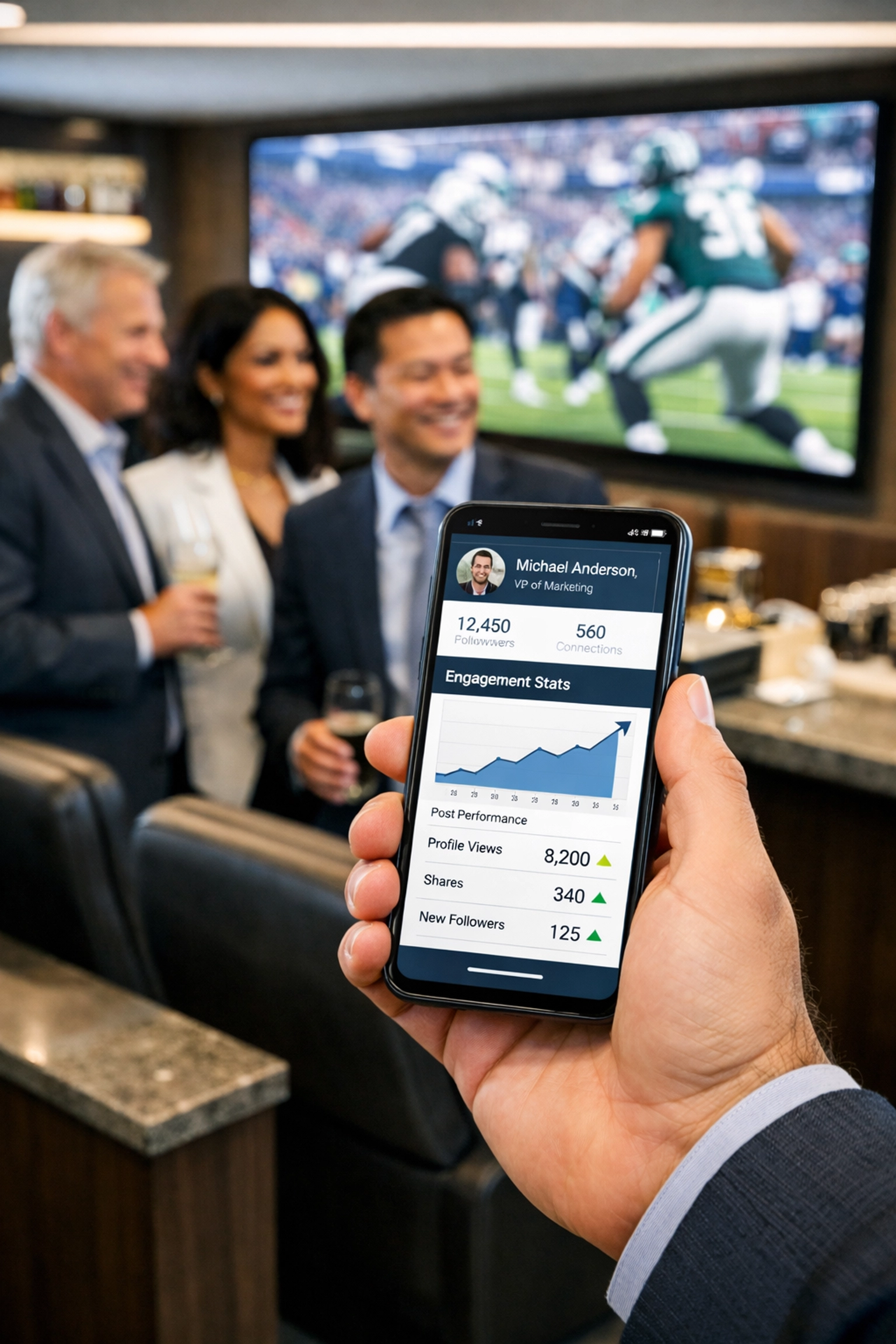 The Ultimate Guide to Super Bowl Sports Marketing: Everything You Need to Succeed Corporate executives in a luxury Super Bowl suite monitoring real-time social media marketing engagement.