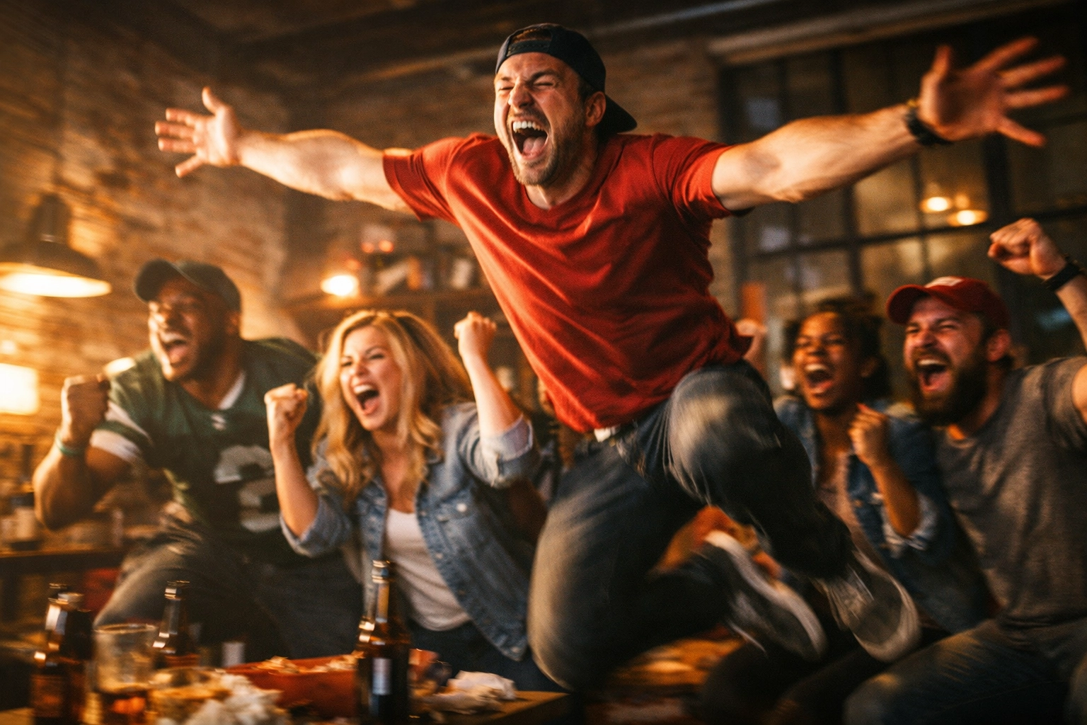 Passionate sports fans cheering during a game, illustrating the power of positive fan sentiment and connection.