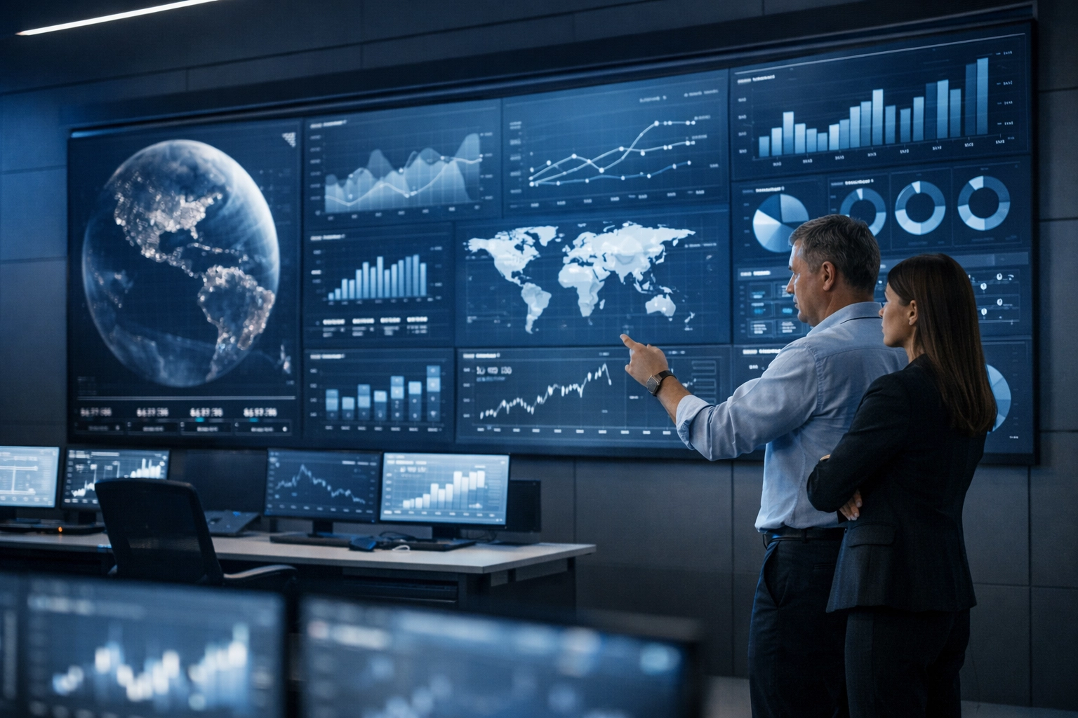 Analysts monitoring real-time global media performance data in a corporate command center.