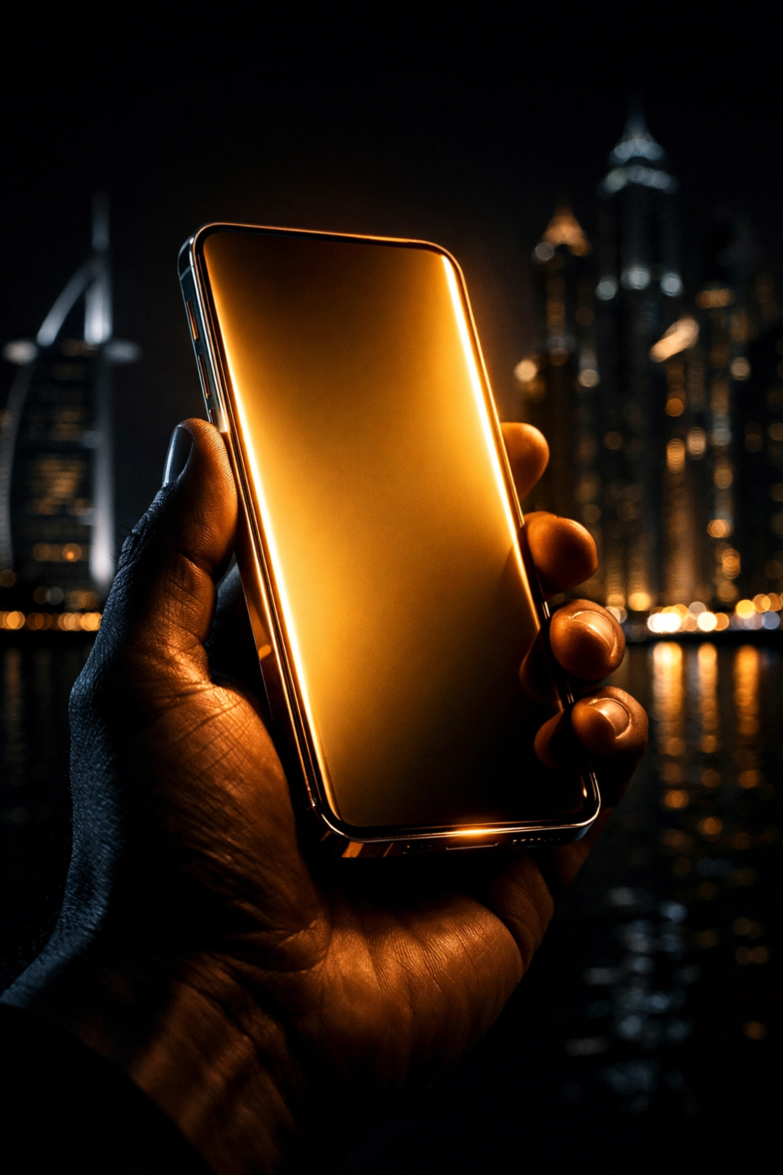 Premium mobile e-commerce experience on a smartphone with the Dubai Marina skyline backdrop.