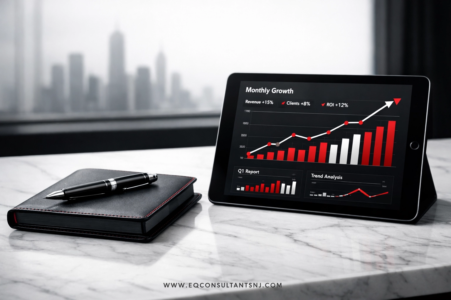 Minimalist desk with growth charts on a tablet, showcasing the expertise of virtual bookkeeping services for consultants.
