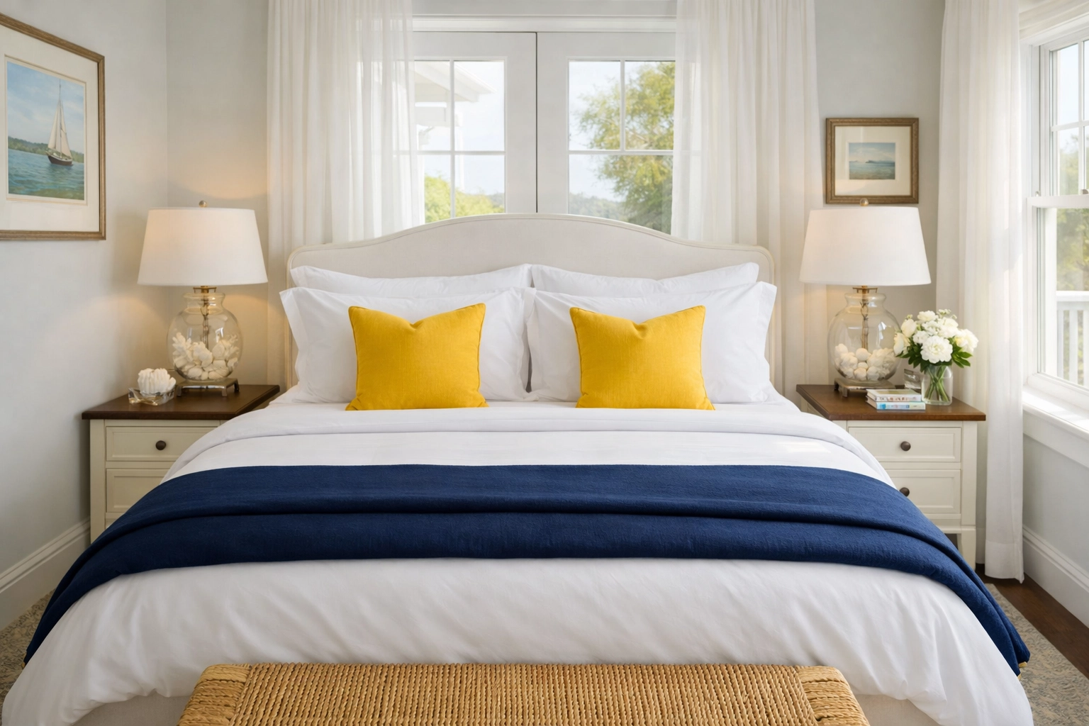 Spotless luxury master bedroom in Cotuit showcasing professional housekeeping and deep cleaning results.