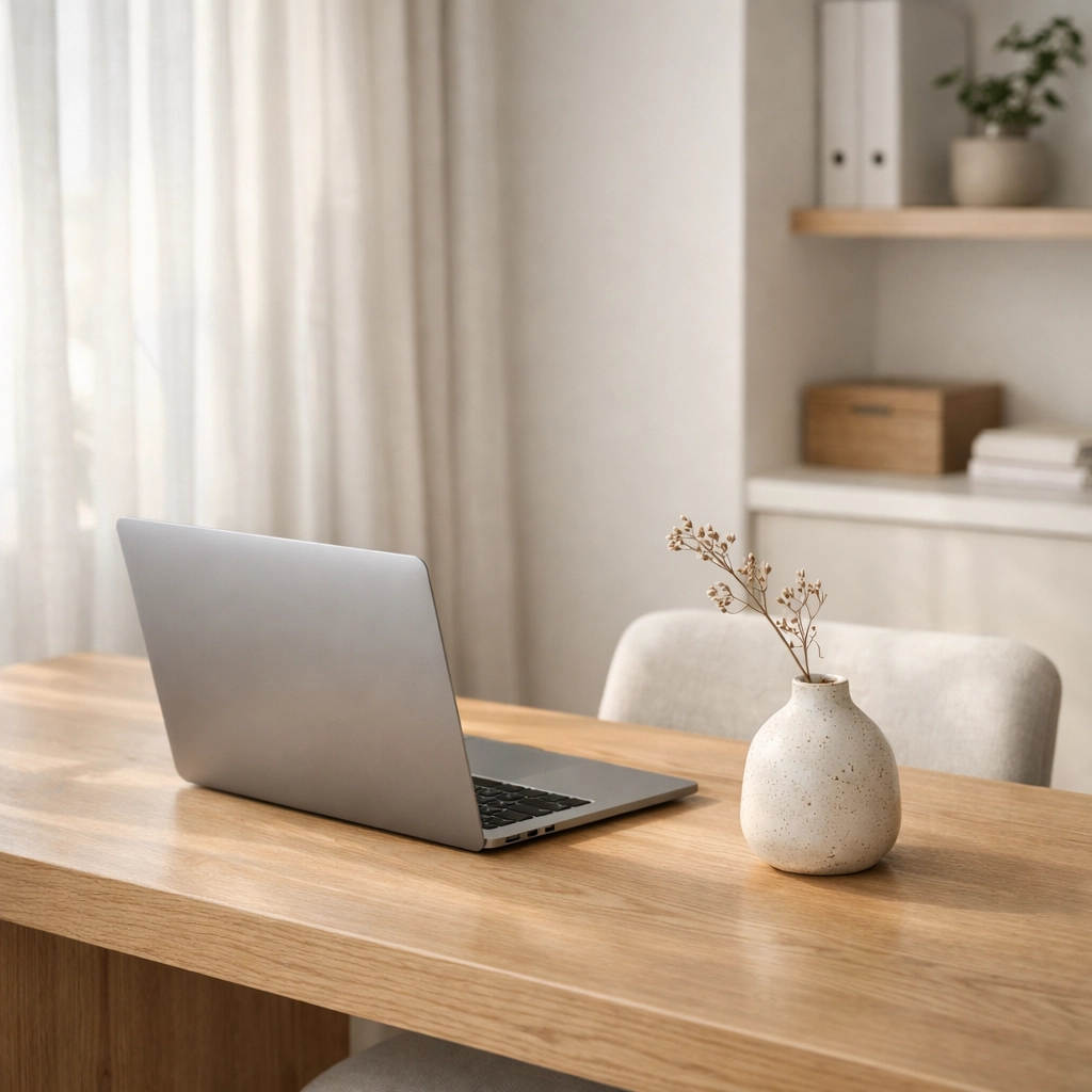 Minimalist boutique hotel back office desk featuring laptop with hotel management software.
