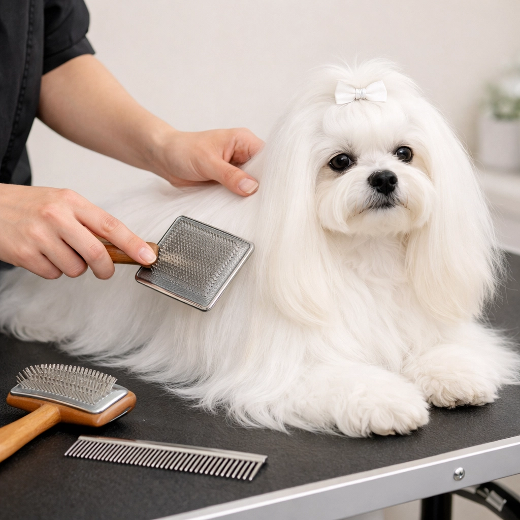 Brossage quotidien du pelage blanc et soyeux d'un Bichon Maltais lors du toilettage