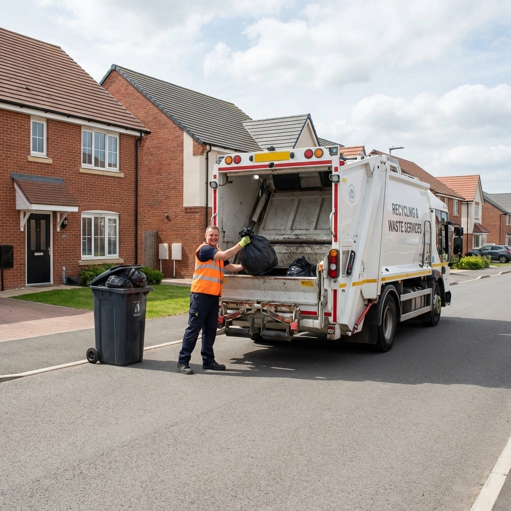 Waste removal worker collecting rubbish bags from an overflowing wheelie bin on a suburban UK street