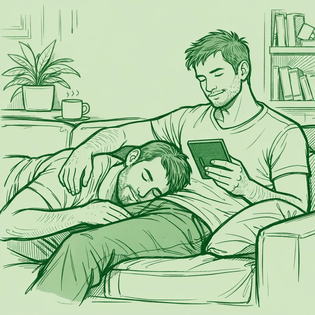 A gay couple reading an LGBTQ+ ebook together on a sofa, representing a peaceful sanctuary found in love.