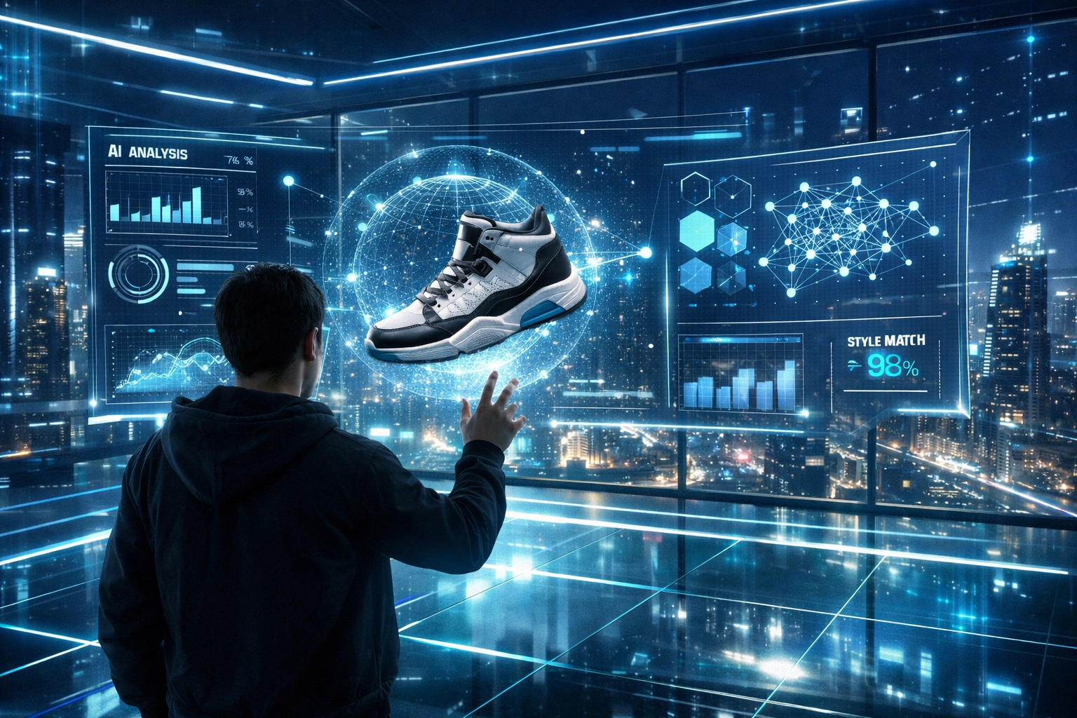 AI-powered metaverse shopping experience featuring a decentralized interface for smart global commerce.