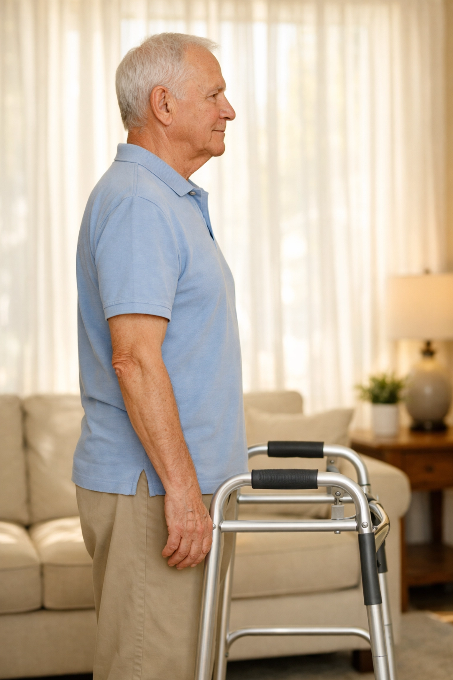 Senior man measuring correct walker height with the handgrip aligned at his wrist crease.
