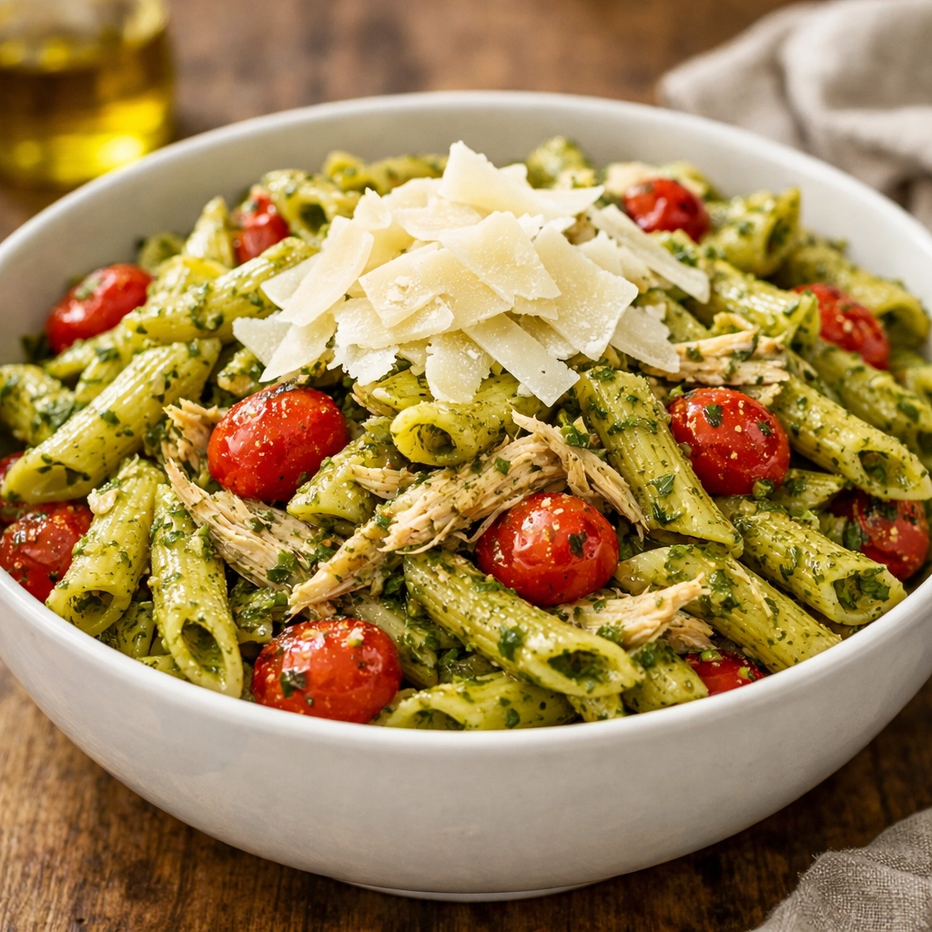 A bowl of pesto chicken pasta with cherry tomatoes, a perfect 5-ingredient easy weeknight dinner.