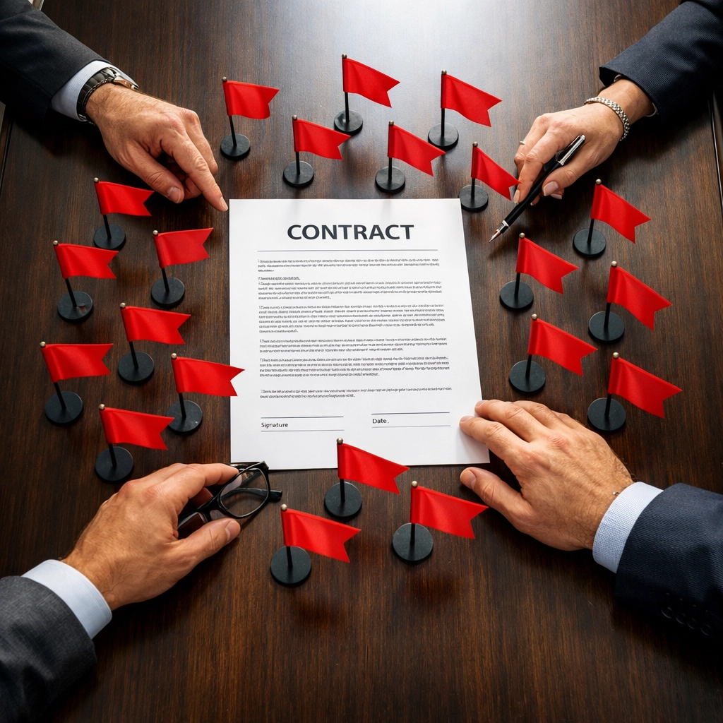 Contract document with red warning flags during M&A deal review and commercial due diligence assessment