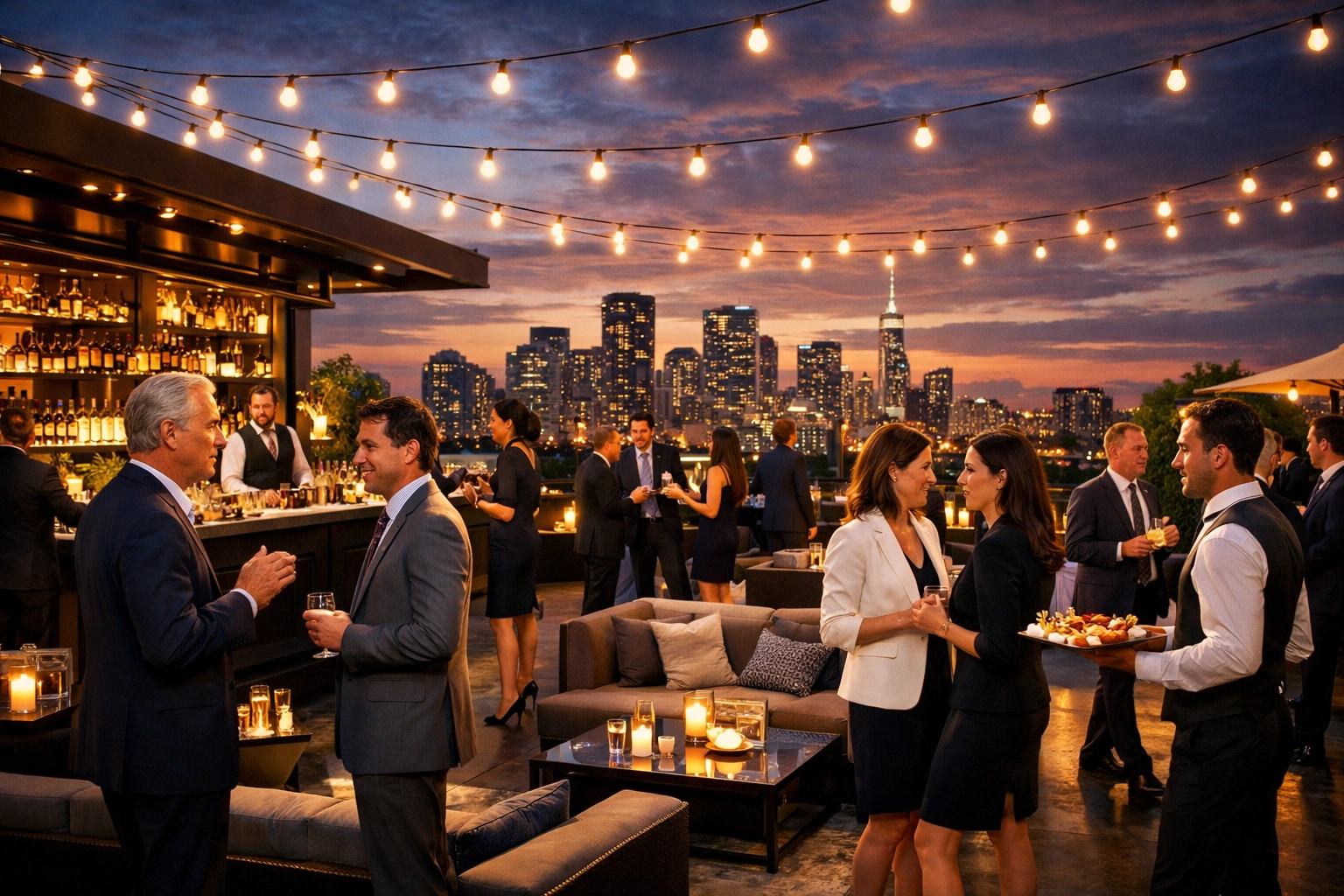 Executives networking at elegant Super Bowl VIP rooftop reception with city skyline views