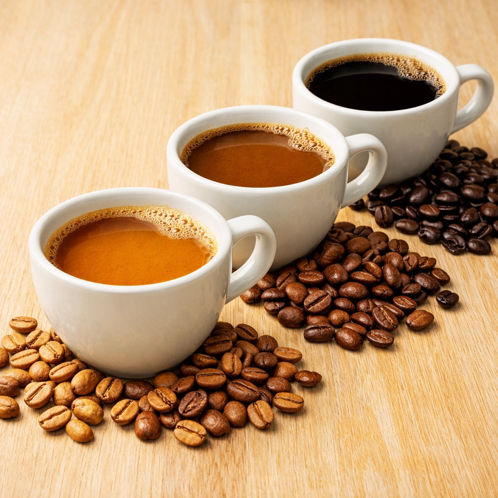 Colombian coffee shown in three roast levels from light to dark