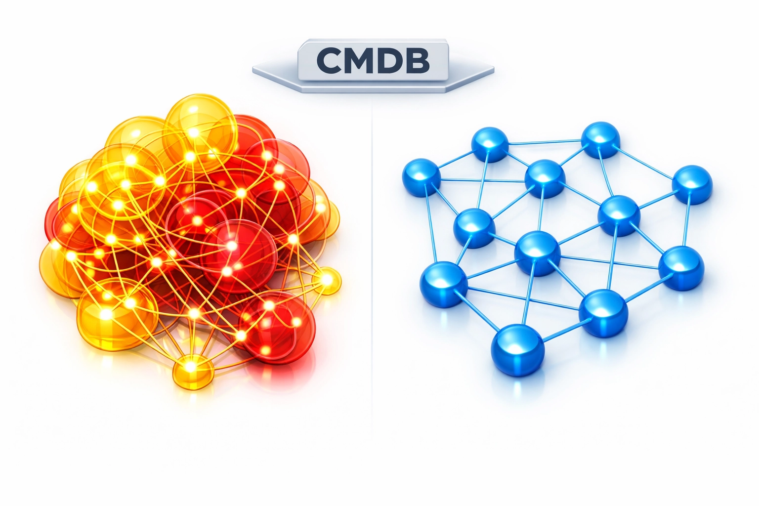 ServiceNow CMDB visualization showing duplicate CIs versus properly configured clean data structure