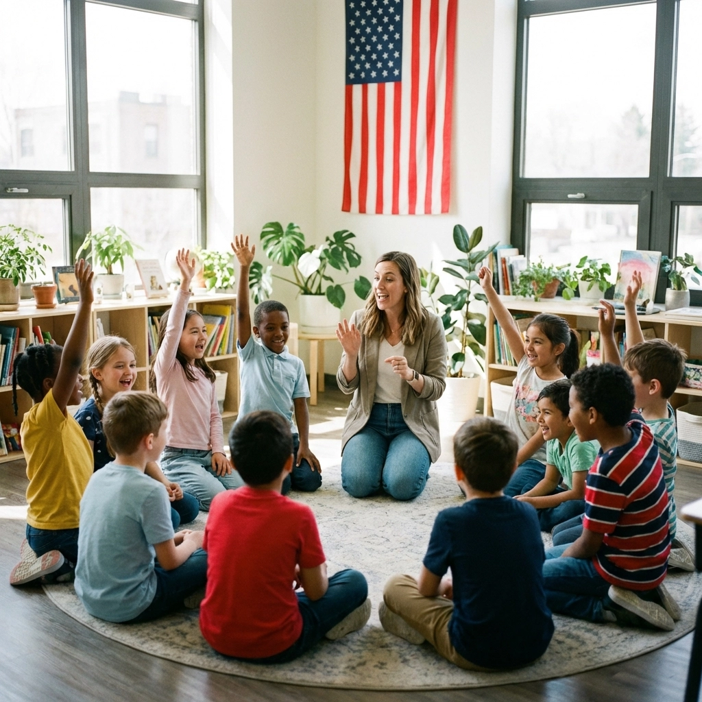 Elementary students and teacher having a lively classroom discussion about the Pledge of Allegiance