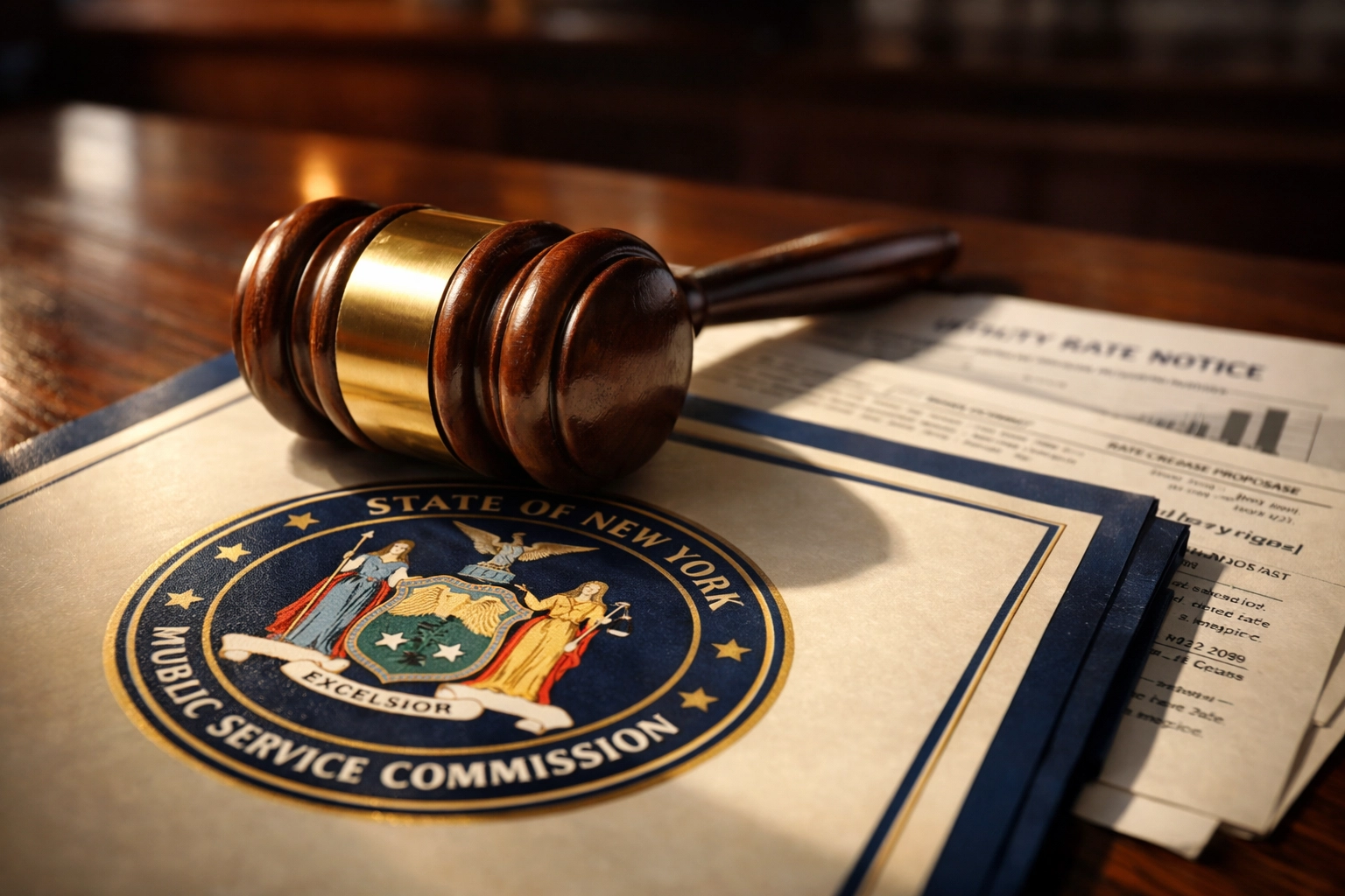 NY Public Service Commission gavel and documents approving Con Ed rate hikes