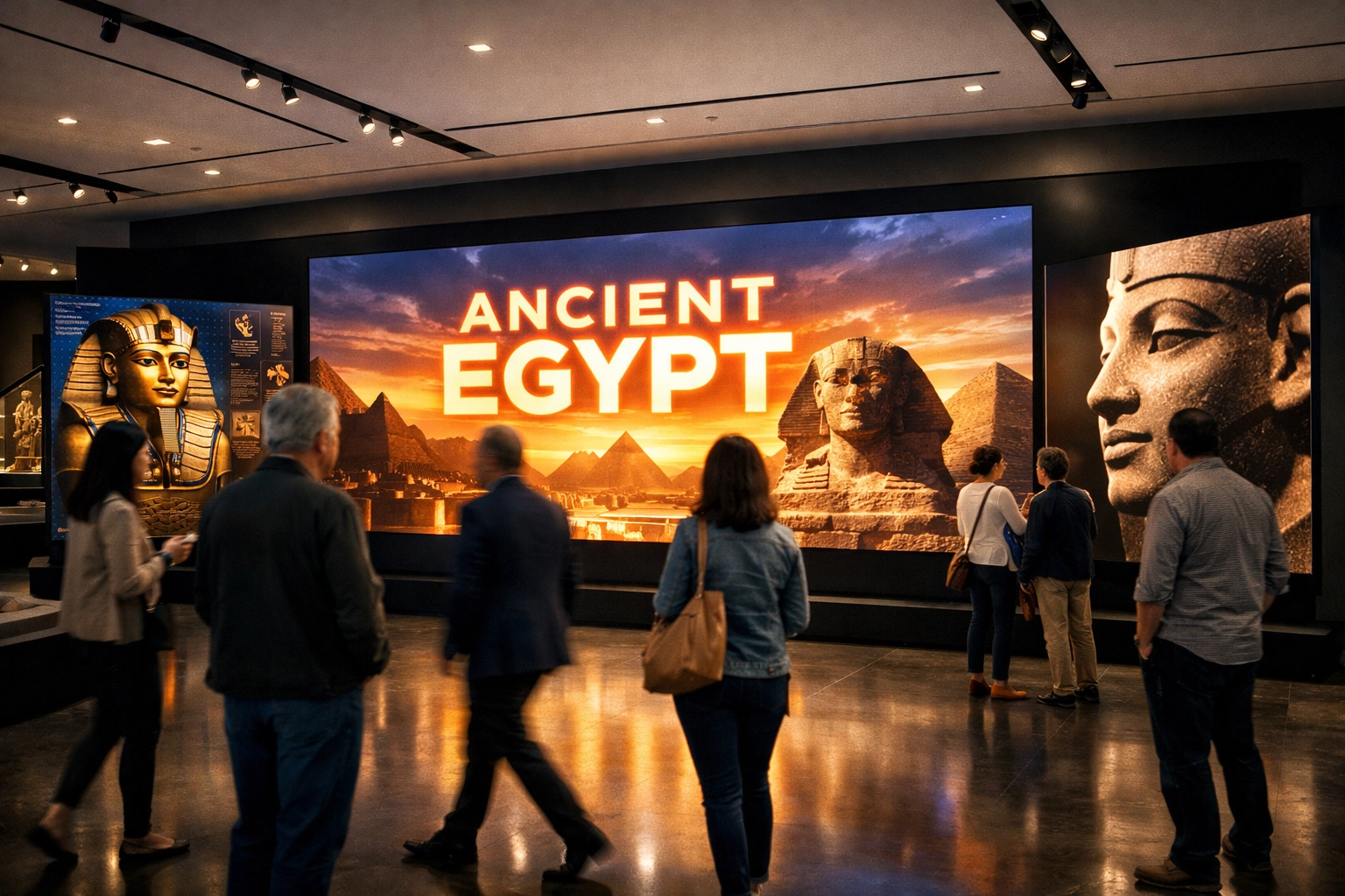 Sleek museum exhibit with digital displays showing cross-industry brand growth consulting by Dakdan Worldwide.