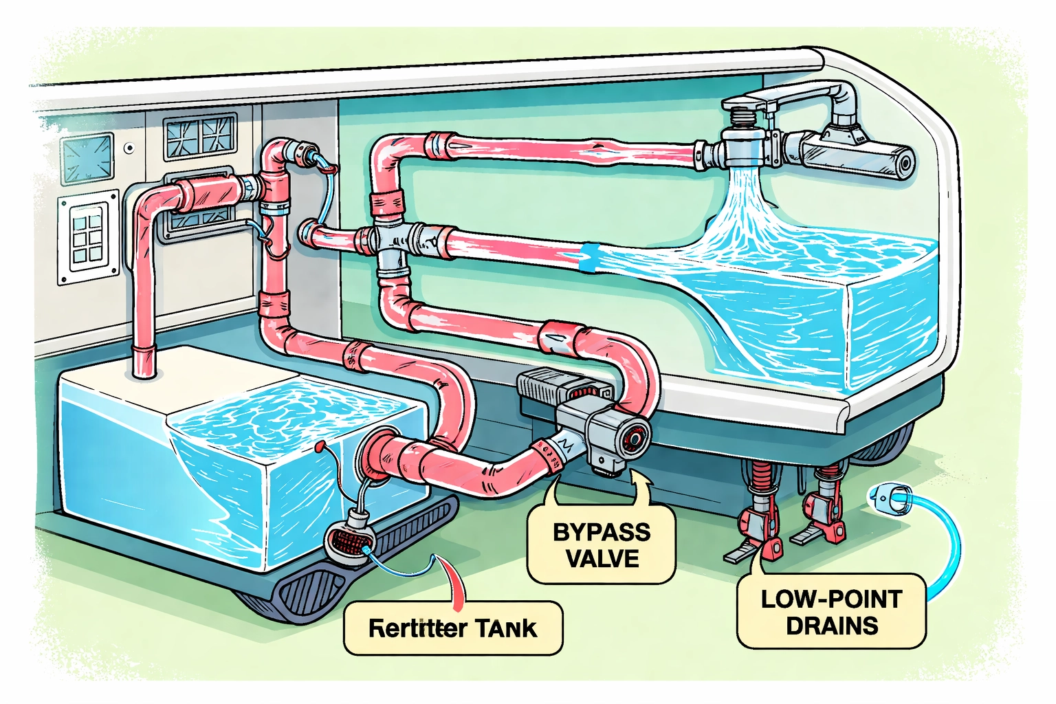 Diagram illustrating the process of flushing antifreeze from an RV water system with clear and pink lines.
