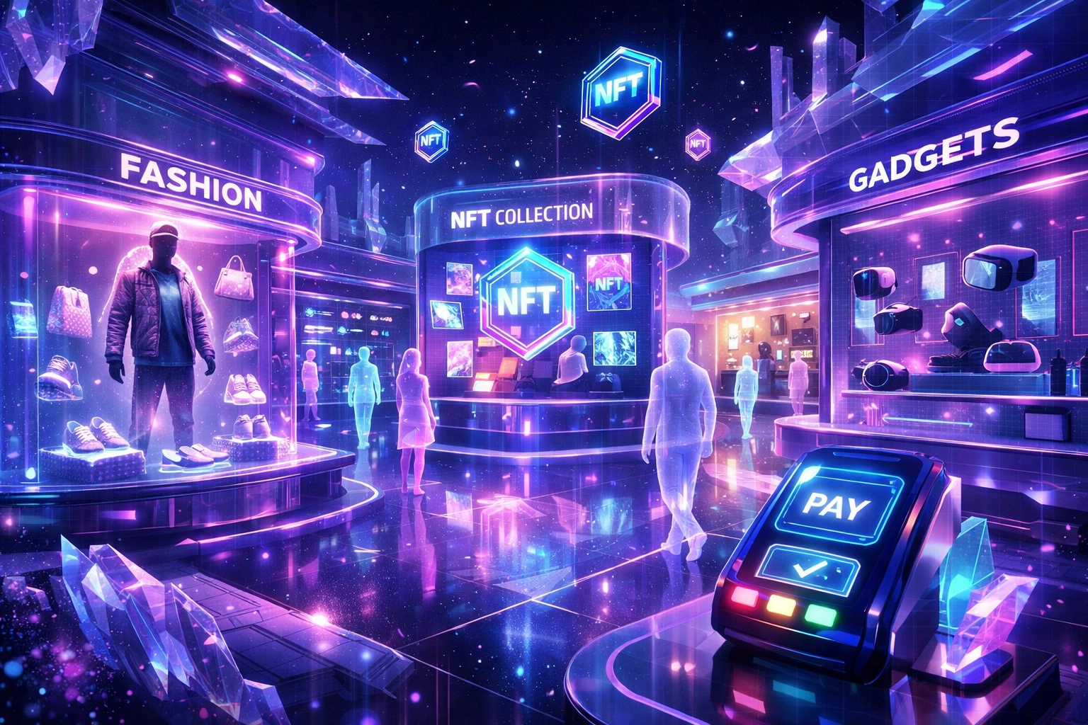 Futuristic metaverse shopping mall with avatars browsing holographic storefronts and crypto payment terminals