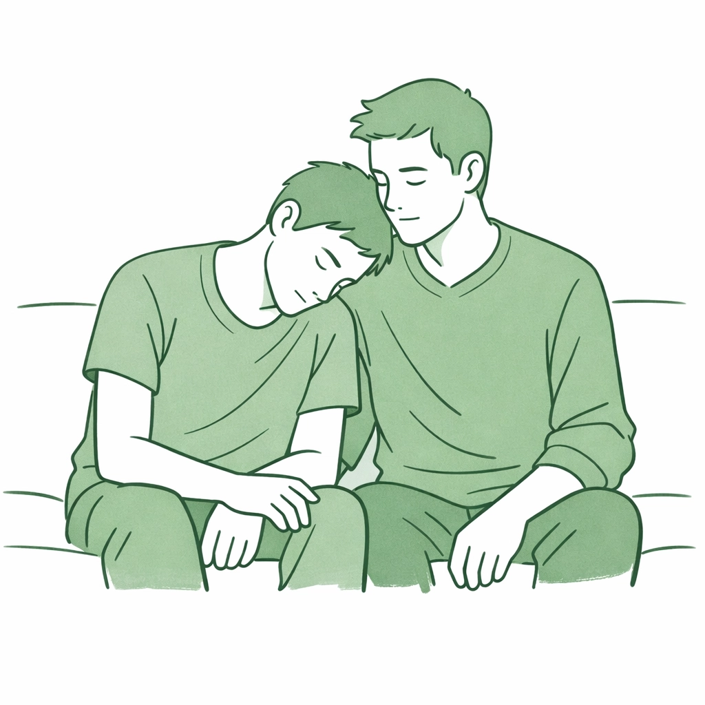 Two men share quiet intimate moment together - emotional gay romance scene