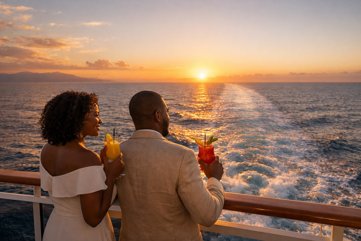 Couple enjoying a sunset view on a cruise ship balcony during a luxury group trip.