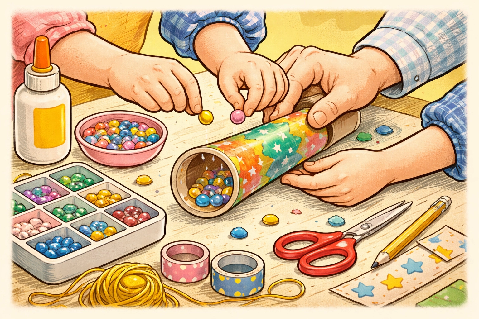 Children adding colorful beads to a cardboard tube while building a homemade kaleidoscope together