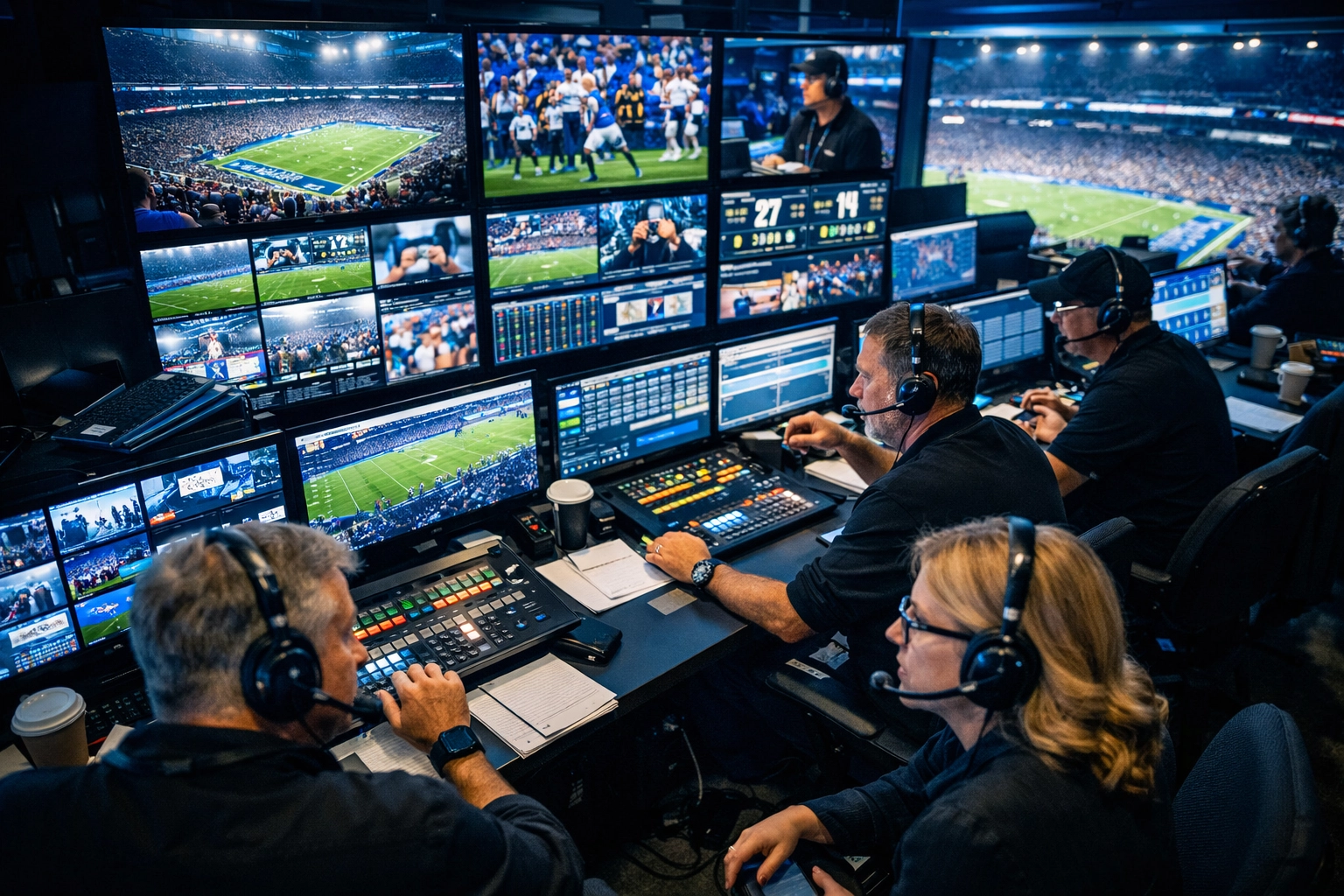 Sports media control room with broadcast monitors showing veteran precision in arena operations