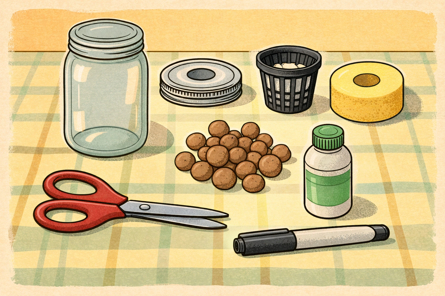 DIY Kratky hydroponic setup parts, including a mason jar lid, net pot, pool noodle, and clay pebbles, ready for assembly