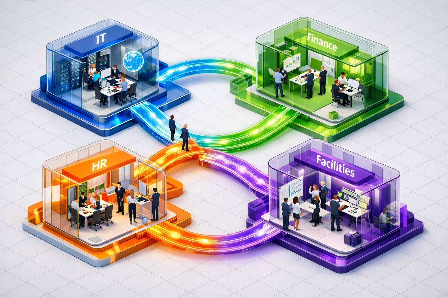 Cross-functional ServiceNow integration connecting IT, HR, Finance, and Facilities workflows