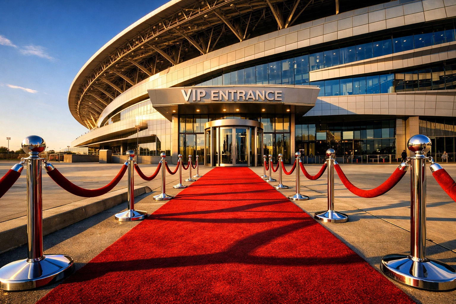 VIP stadium entrance with red carpet for luxury Super Bowl corporate hospitality events.