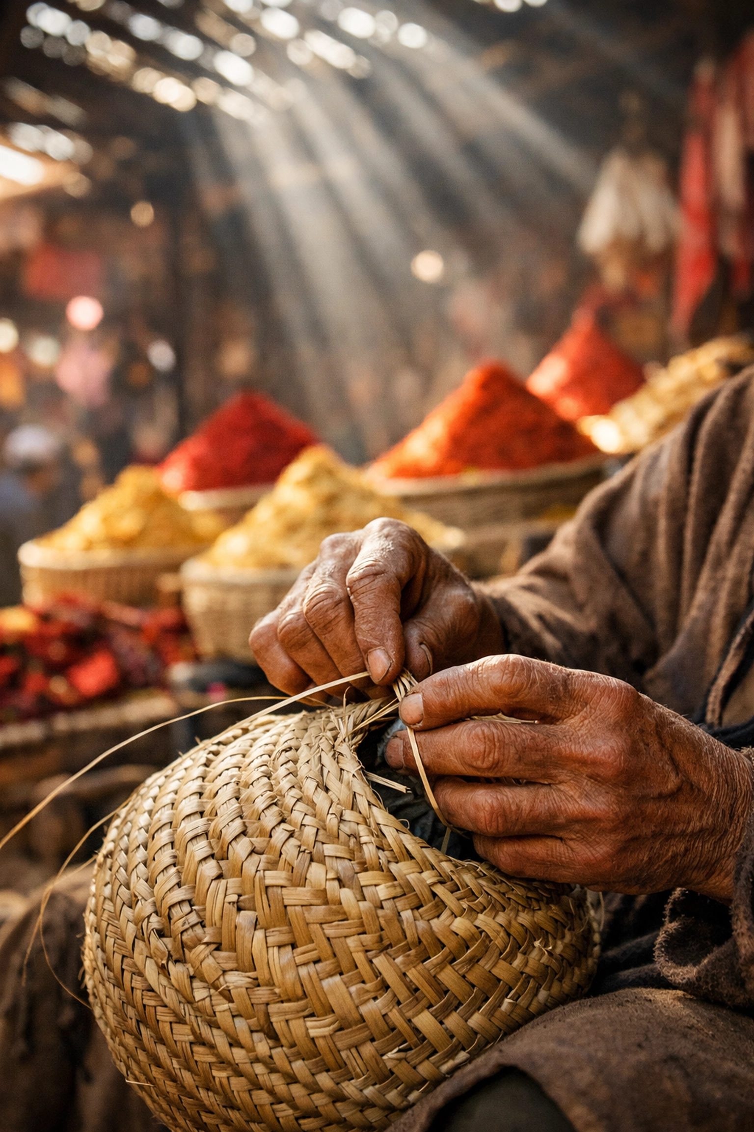 Close-up street photography of an artisan weaving in a Marrakech market, capturing authentic cultural travel moments.