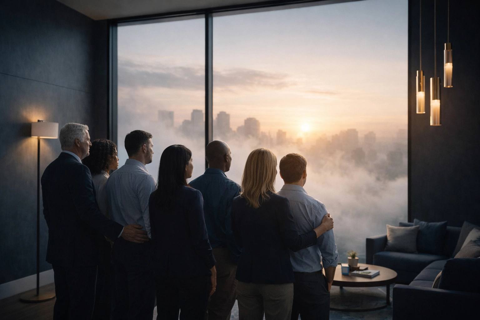 A diverse group of believers looking toward a rising sun, representing the Holy Psych community support.