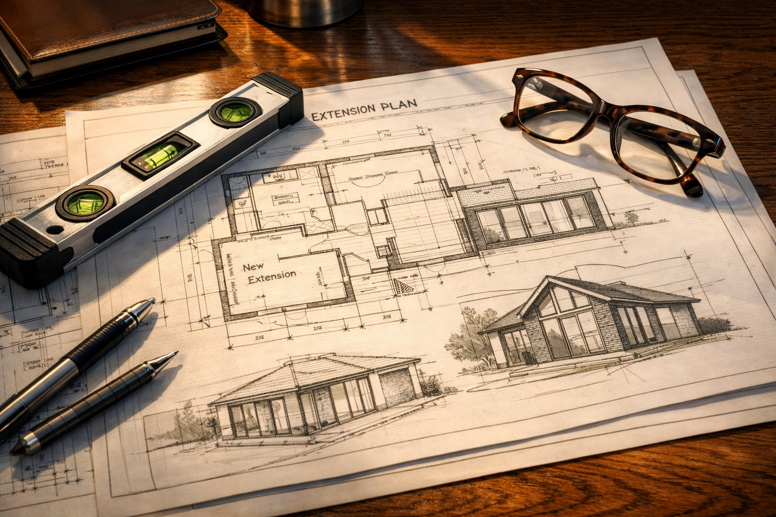 Detailed house extension blueprints and tools on a desk for a renovation consultation in West Sussex.